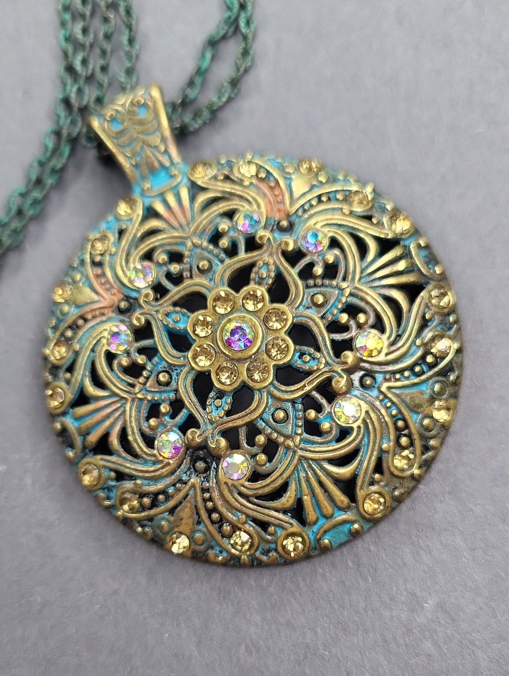 Antique-Style Gold & Teal Filigree Pendant Necklace - Picture 2 of 4